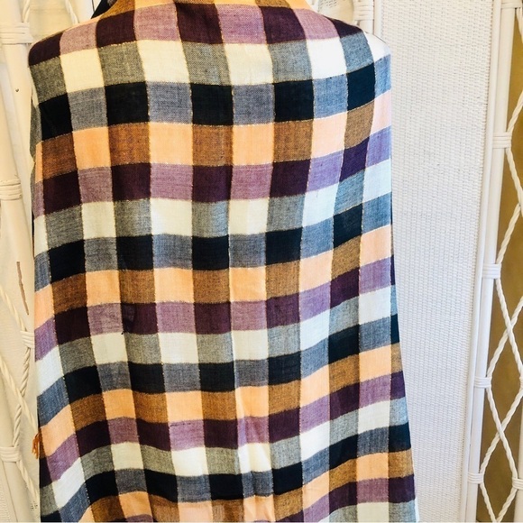 Forever 21 Scarf Square Buffalo Check Ivory Black Orange Metallic Thread Fringed - Picture 8 of 16